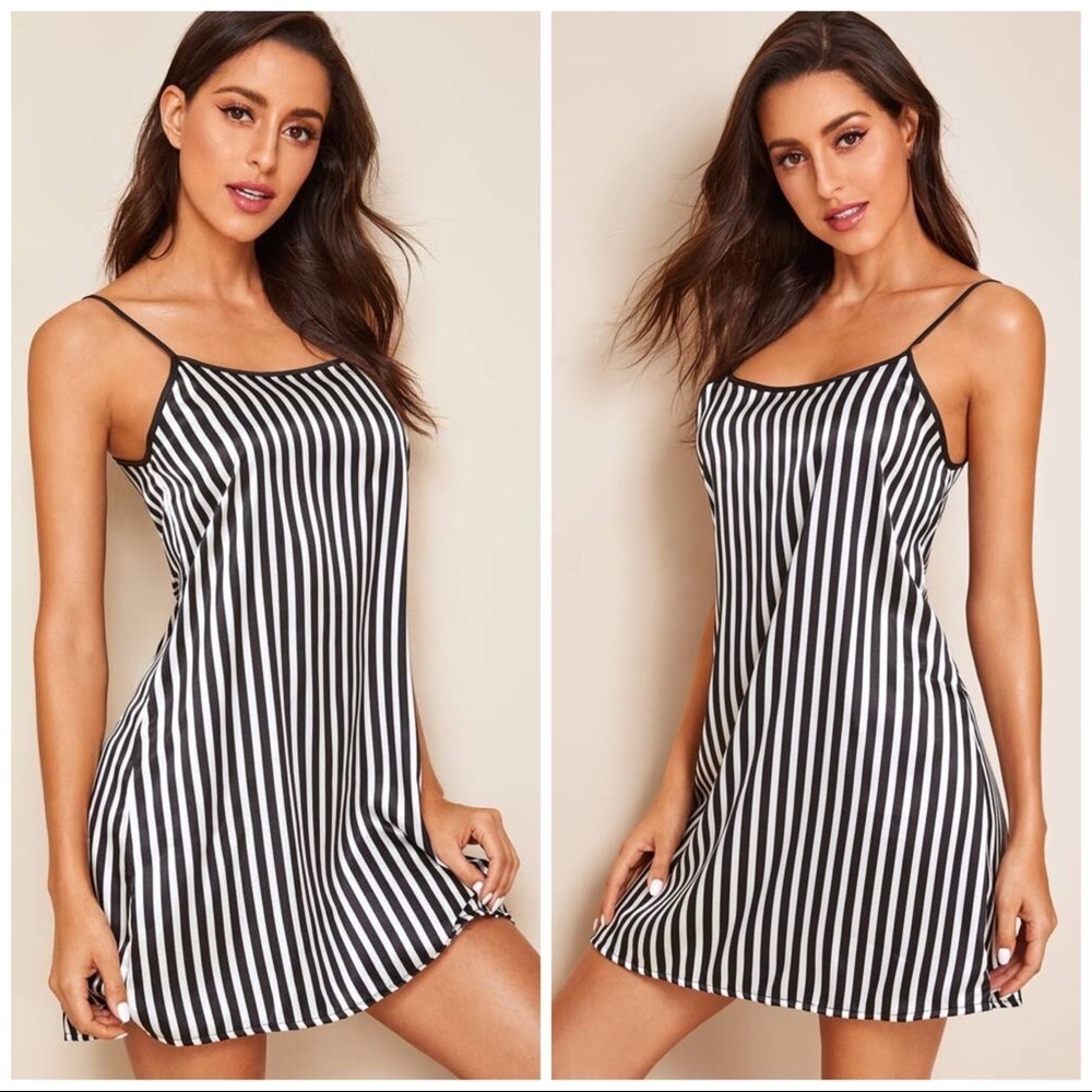 New Black & White Stripe Satin Silk-Like Nightgown​ - Picture 2 of 3